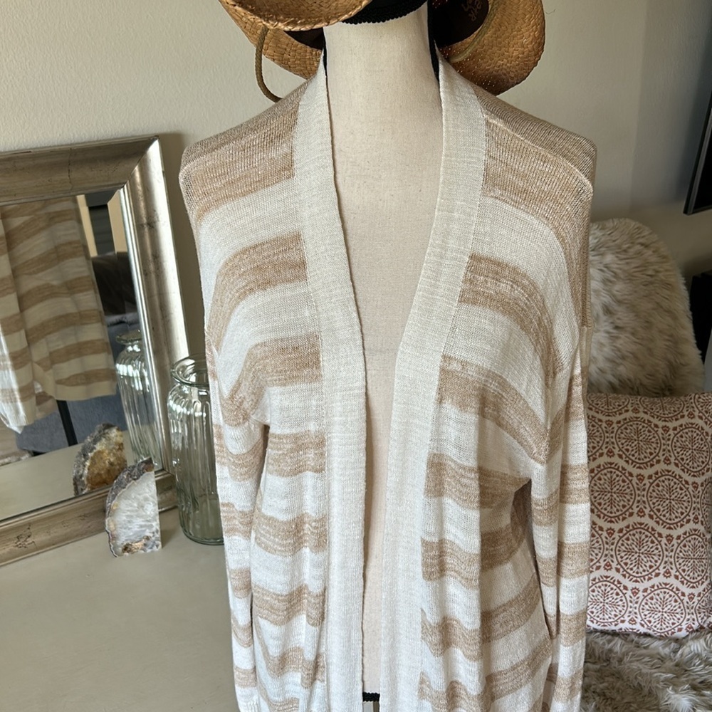 Talbots cream tan striped cotton open long cardigan sweater Large petite​​​ - Picture 2 of 12